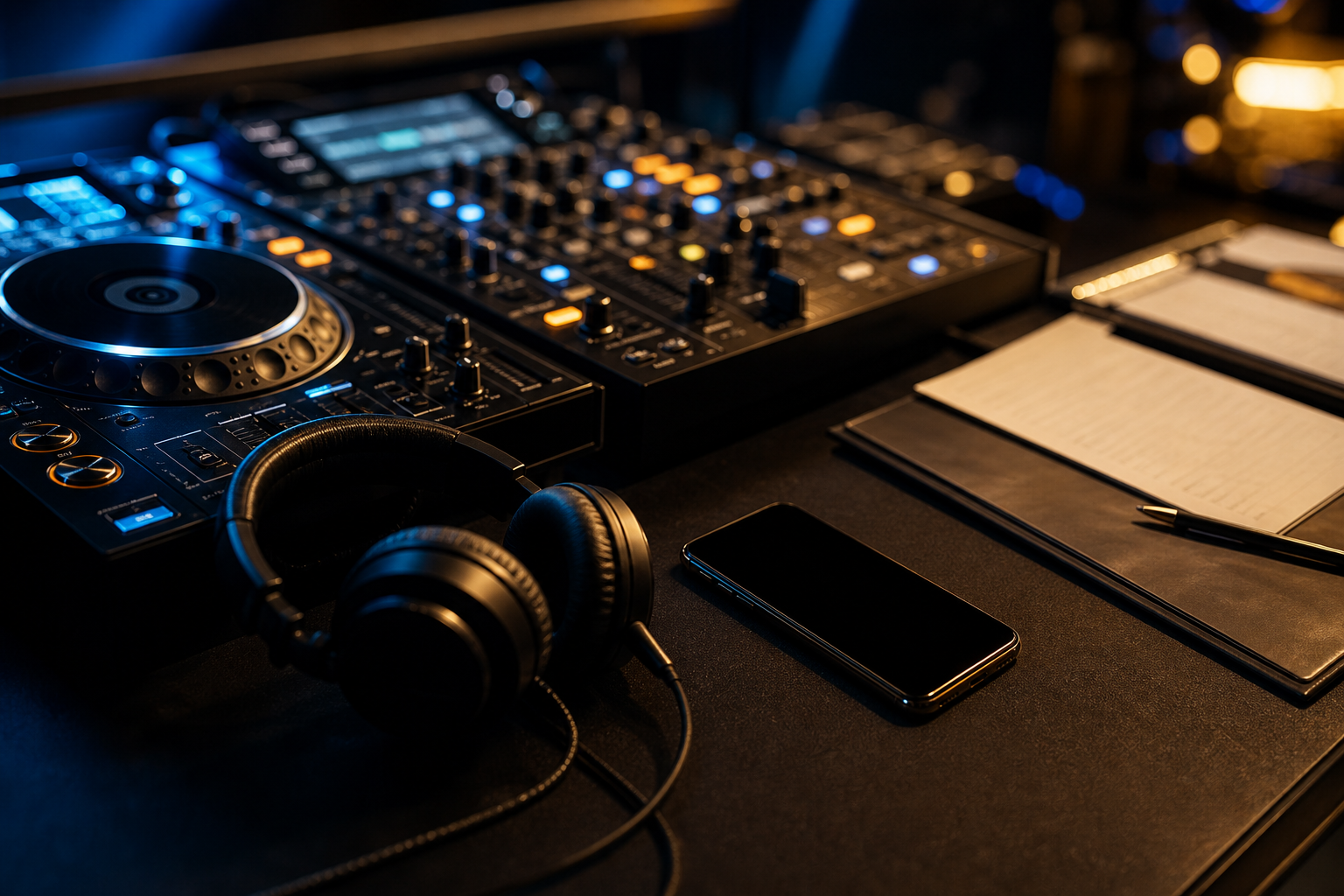 DJ-utstyr og bookingnotater